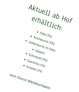 Aktuell ab Hof erhältlich: •	Filet (TK) •	Kochwurst (TK) •	Leberwurst im Glas •	Salami •	Schnitzel (TK) •	Spareribs (TK) •	Kotelett (TK)vom Duroc-Weideschwein